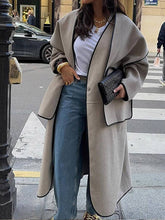 Aurohaya Long Wool Coat with Scarf, Button Details, Pockets, Long Sleeves Elegant Casual Oversized Jacket for Women